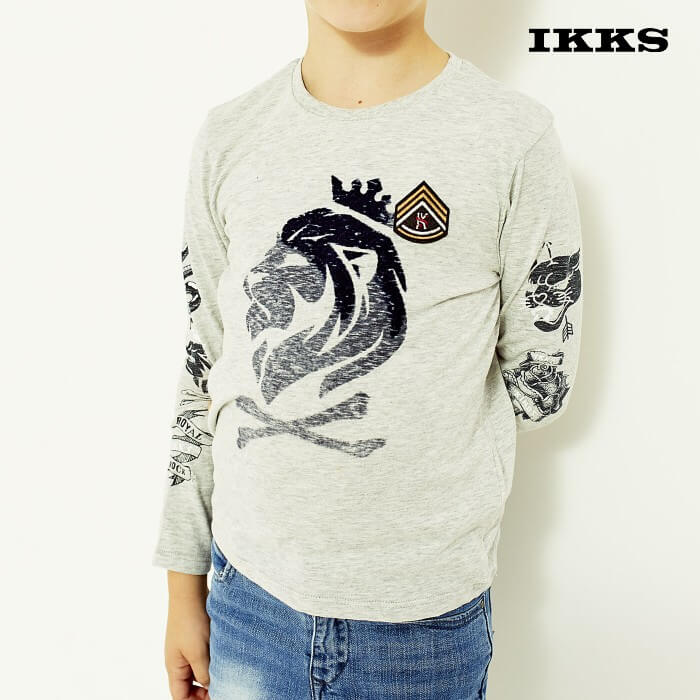 IKKS ボーイズ フェイクタトゥー長袖Tシャツ キッズ XM10093（グレー） Tシャツ 長袖 ロンT 男の子 子供服 110 150cm【本店】