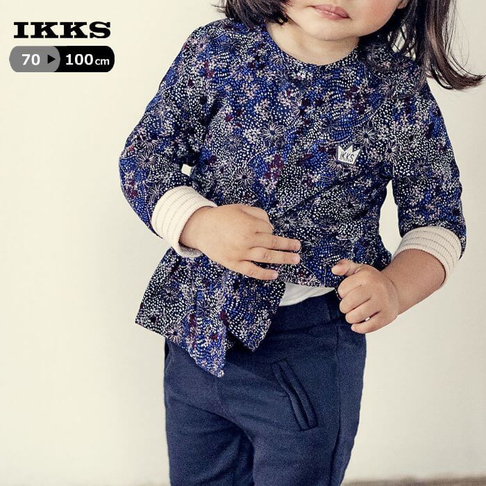 ★30%OFF★IKKS ガールズ リブ袖スモック キッズ XM12010（ブルー） カーディガン シャツ 長袖 女の子 子供服 70 100cm【本店】