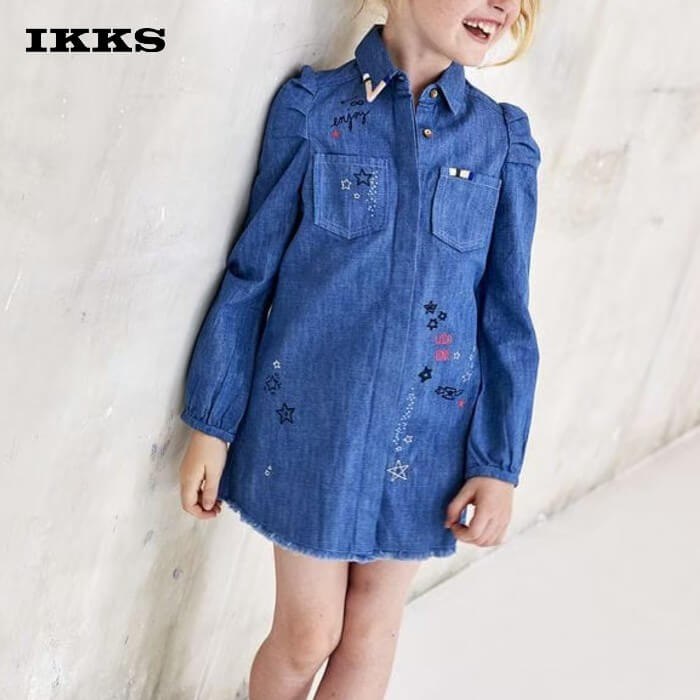 【SALE】 France発【IKKS】 子供服 女の子 ワンピース シャツワンピ おしゃれ かっこいい ブランド 冬服 秋服 春服 上品 キッズ ジュニア 小学生 130 140 150イックス ガールズ デニムシャツワンピース（130-150cm）