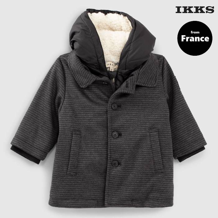 France発【IKKS】子供服 アウター コート　防寒 キッズ ベビー おしゃれ かっこいい 男の子 80cm,90cm イックス 重ね着風コート XV44001 ツイード柄/ダークグレー 12M/2A【本店】