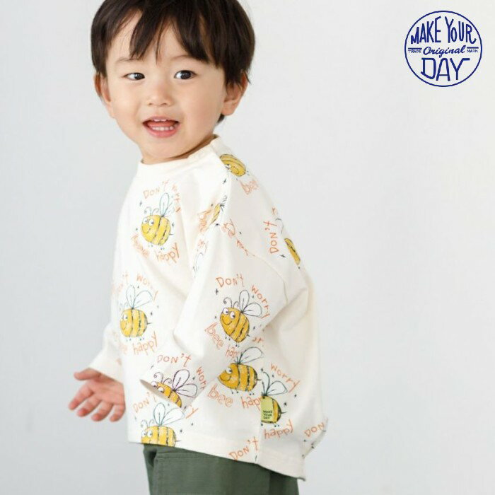 楽天ほわいとあっぷる【SALE】MAKE YOUR DAY メイクユアデイ Bee Happy総柄長袖Tシャツ 男の子 女の子 子供服 ベビー服 キッズ 小学生 （Tシャツ 長袖 ロンT） 25春夏 正規品 ブランド 人気 おしゃれ 80 90 100 110 120 130cm M510103
