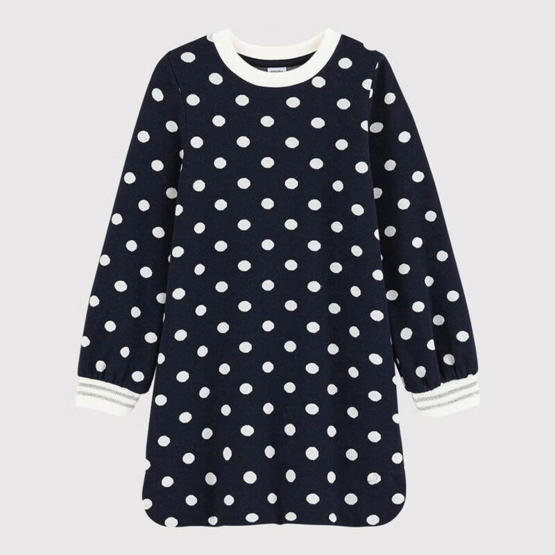 乐天商城 - プチバトー 長袖 ドット柄 ワンピース 58309 110cm 子供服 キッズ 女の子 綿100％ 総柄 Aライン 【送料無料】 PETIT BATEAU