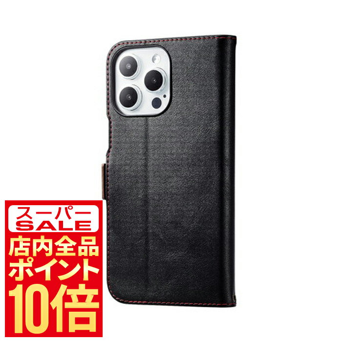 PM-A23DPLFYBK iPhone 15 Pro Max レザーケース 手帳型 耐衝撃 磁石 ステッチ ブラック -お品- -ds