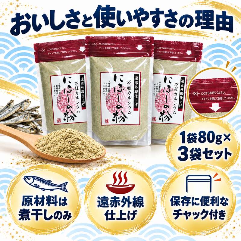 【送料無料】にぼしの粉 80g×3袋 国産煮干し100％ 無添加 煮干し粉末 だし ふりかけ カルシウム 白鳥丸水産 サブ画像