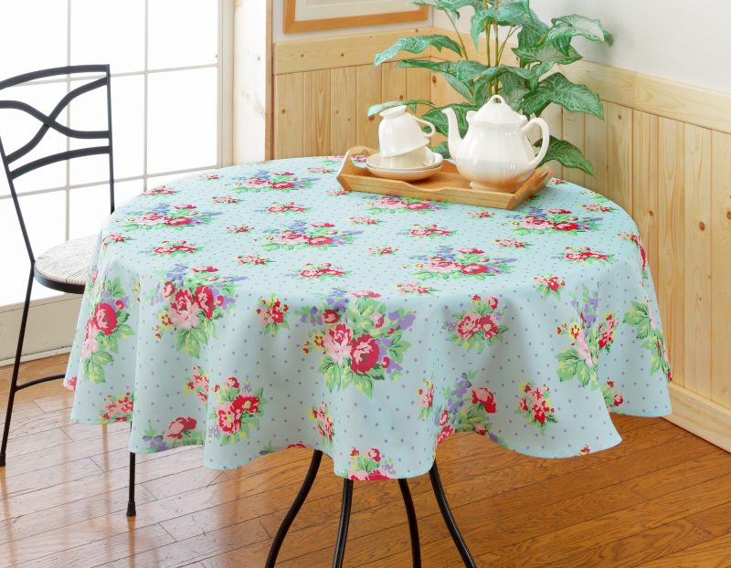 【インテリア】防汚加工花柄テーブルクロス　円形　　ブルー　145R