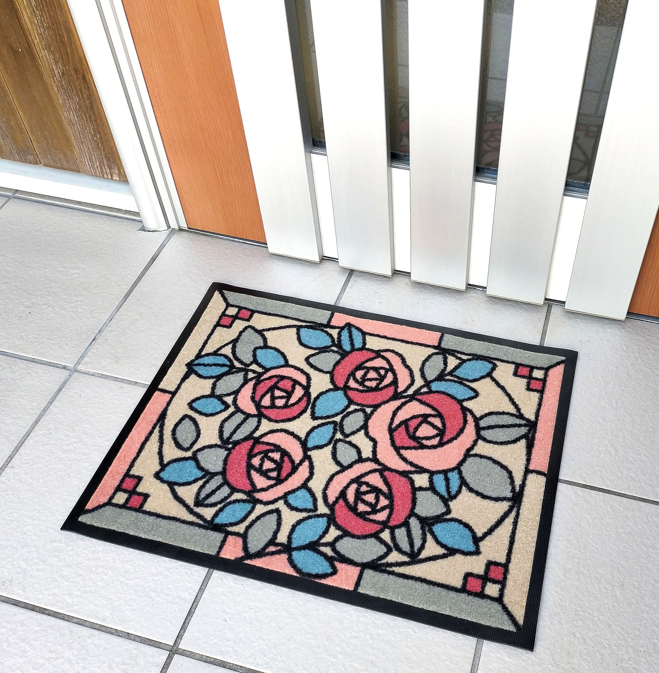 ステンドグラス柄の洗える土間マット42x55cm