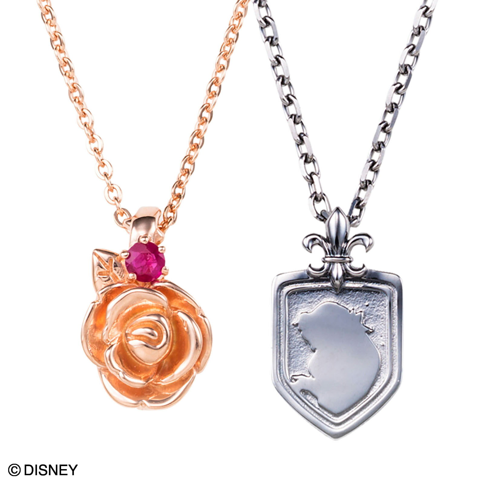 【Disney Series】ディズニー/美女と野獣/Beauty and the Beast/ベル/Belle/薔薇＆シールド シルバー ペアネックレス&オリジナルBOX DI350L＆DI350M white clover カップルのサムネイル