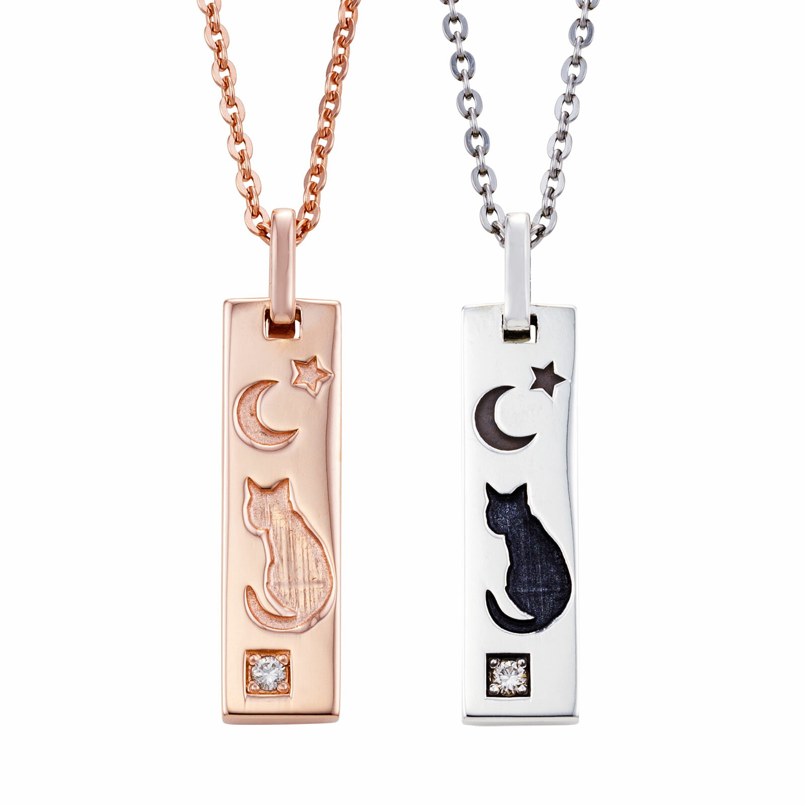 ペアネックレス シルバー925 サージカルステンレス316L 誕生石 刻印無料 アミュレット お守り いぶし 猫 三日月 星 ピンク＆シルバー WSPD858PG&WSPD858SV white clover カップル クリスマス 記念日 誕生日 ホワイトデー プレゼント 2本セット