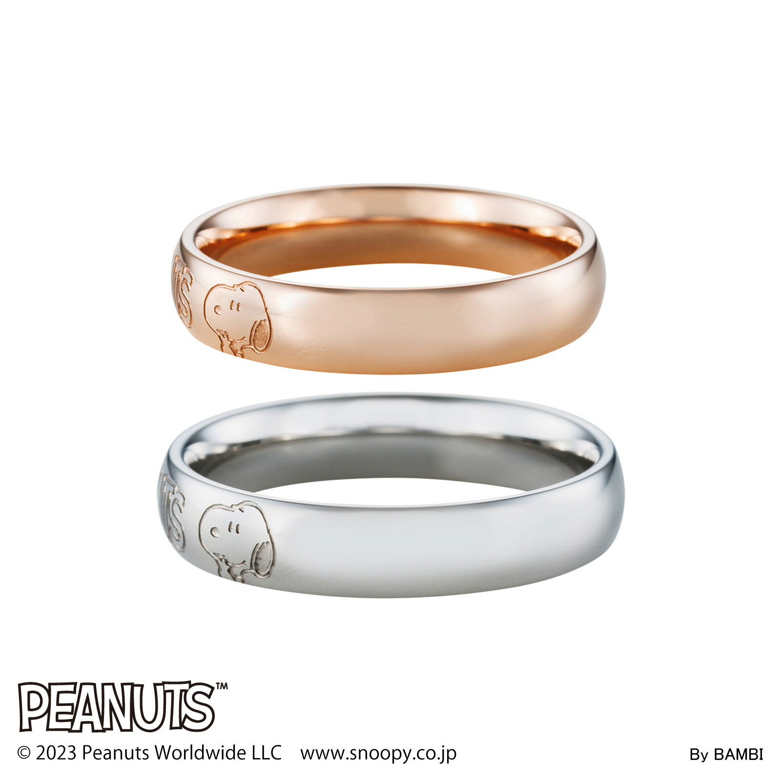 スヌーピー ペアリング 2個セット 7～13号/7～21号 刻印無料 名入れ PEANUTS アレルギー対応 サージカルステンレス 指輪 つけっぱなし 甲丸 ジュエリー PNST001GO&PNST001SV white clover ホワイトクローバー カップル 家族 友達 記念日 誕生日 イベント プレゼント ギフト