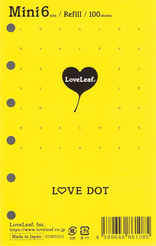 ラブリーフ (Love Leaf) システム手帳 リフィル ミニ6穴 LOVEドット方眼 100枚 SDM6001【サイズ】ミニ6（W80×H126mm）【罫線】LOVEドット罫(LOVE 5mm方眼罫)【用紙】クリーム上質紙(84.3g/平方メートル)、コピー用紙より厚め【生産国】【仕様】丸穴、6穴式システム手帳専用