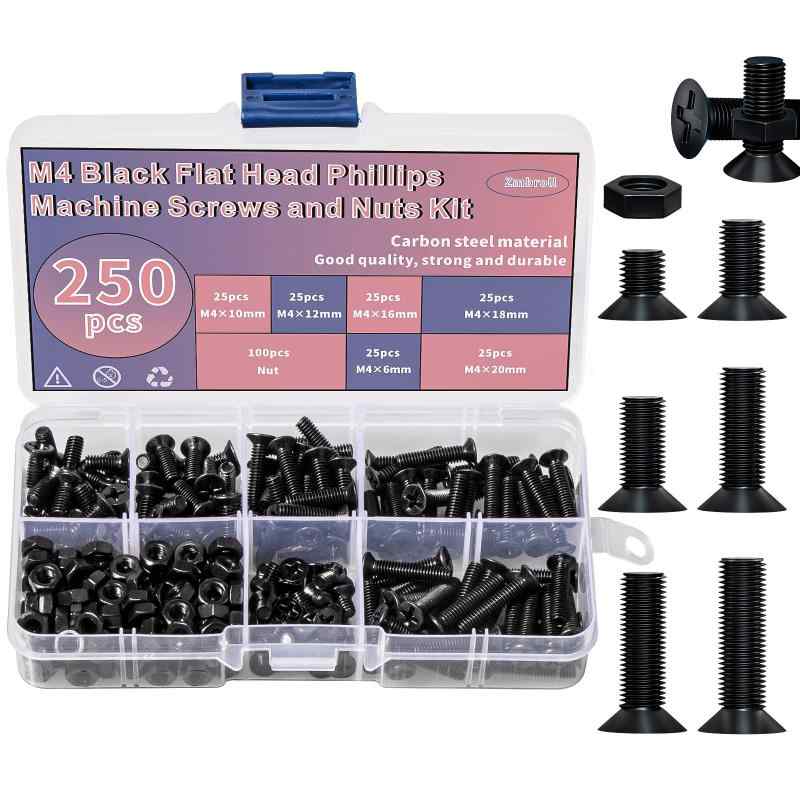 乐天商城 - Zmbroll 250枚M 4平頭機ネジ黒十字ボルトナットセットM 4 x 6 mm/10 mm/12 mm/16 mm/18 mm/20 mm