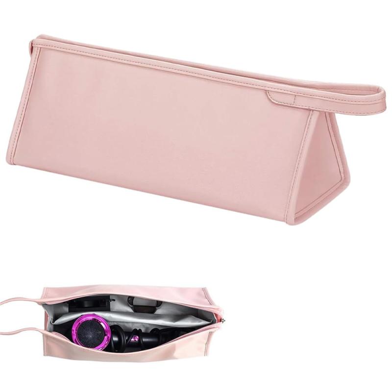 PUレザー トラベルケース ドライヤーケース 収納ポーチ 仕切り ストラップ 耐衝撃保護、傷防止ドライヤーストレージ、ダイソンアクセサリー用（ピンク）