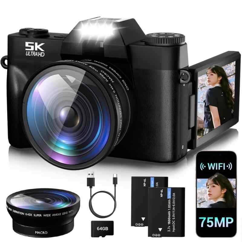 デジカメ 5K 録画 7500 万画素 デジタルカメラ コンパクト軽量 180 度回転ディスプレイ Wi-Fi 転送 自撮り/Vlog/修学旅行 学生初心者向け 64GB SD カード + バッテリー 2 枚 ブラック