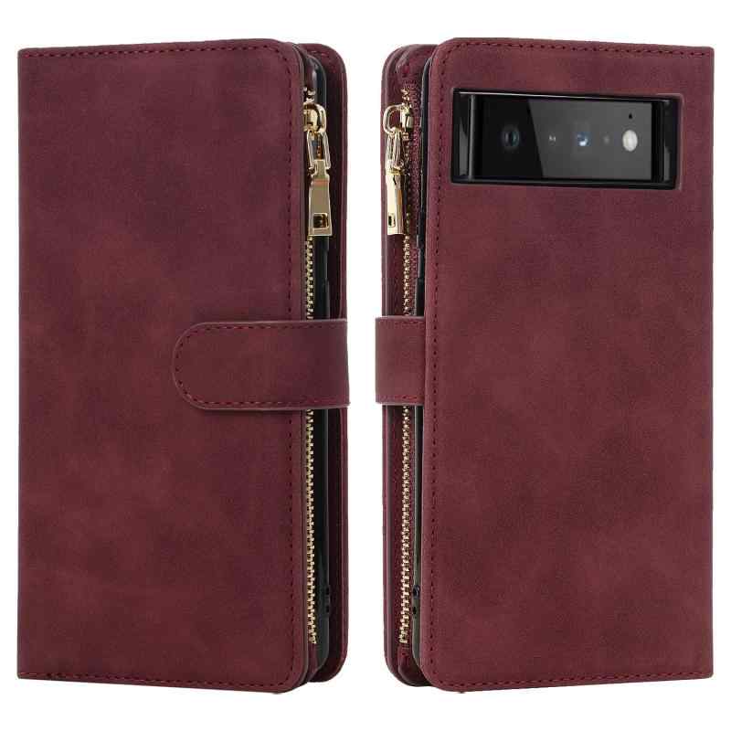 Eastwave for Google Pixel 6 ケース for pixel6 縄掛けケース 手帳型 財布型 ICカード コインポケット ストラップ付き カード 収納 小銭入れ ファスナーポケット付き PUレザー 6色 レッド