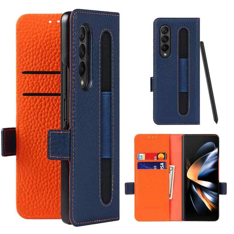 樂天商城 - Eastwave for サムスン ギャラクシー Z フォールド4ケース 本革 牛革 for Samsung Galaxy Z Fold4 SCG16 SC-55C 手帳型 財布型 カバー 本革 柔らかい 本皮 スプラットホール -ネイビー