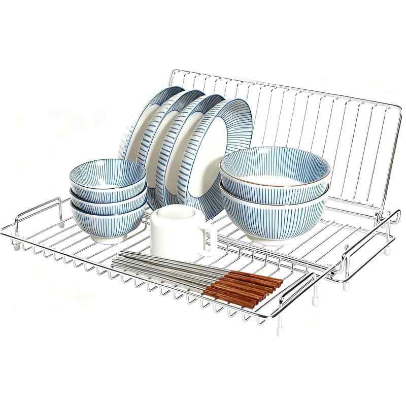 RAZOJESS シンクサイド水切りラック, 食器 水切り, 水切りラック 折りたたみ スライド調整可能, 収納 畳式 水切りかご，ステンレス製, 箸置き付き(3.0)