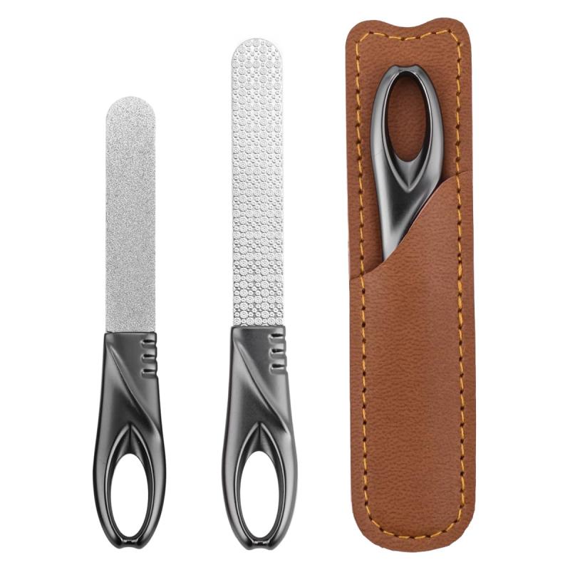 AioBos 爪やすり2点セット ステンレス 両面タイプ磨き 格子状粗め面/魚鱗状細目面 滑り止めのハンドル PUレザーのケース付き 高級感 ギ..