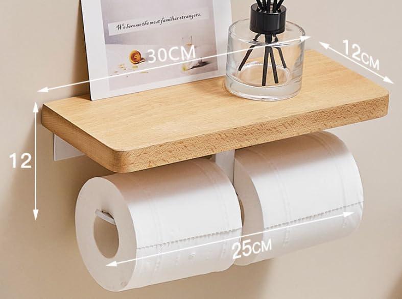 Rakuten - トイレットペーパーホルダー 紙巻器 小物置き/スマホ置き 汚れに強い天板付き 棚付き 取り付け簡単 壁掛け 穴あけ不要 貼り付け 横から簡単取り替え 天然木 おしゃれ 浴室 耐荷重約5kg ホワ