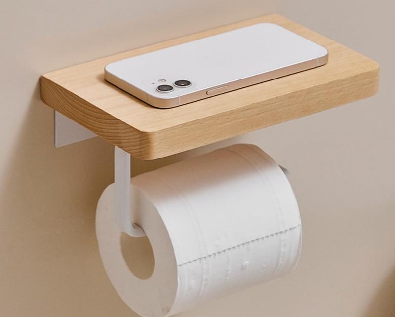 トイレットペーパーホルダー 紙巻器 小物置き/スマホ置き 汚れに強い天板付き 棚付き 取り付け簡単 壁掛け 穴あけ不要 貼り付け 横から..
