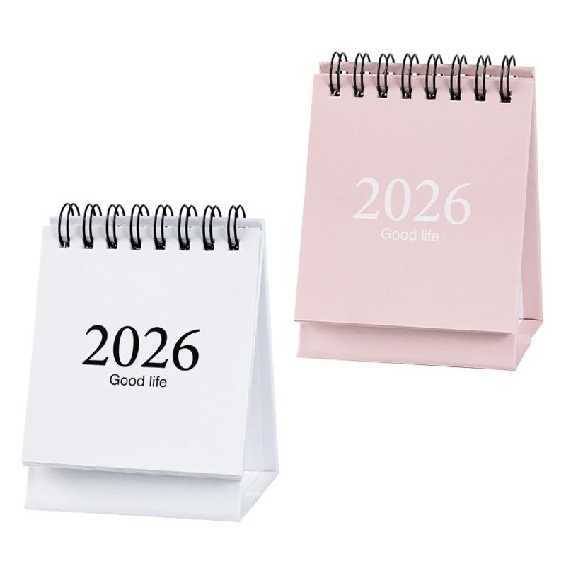 PAVIKE 小型卓上カレンダー (2冊入り)2026年1月から2027年7月まで 2026卓上カ レンダー 2026カレンダー ミニ シンプル 無地 白＋ピンク ステッカー付き 家庭用 デスクトップカレ ンダー 新年 クリス