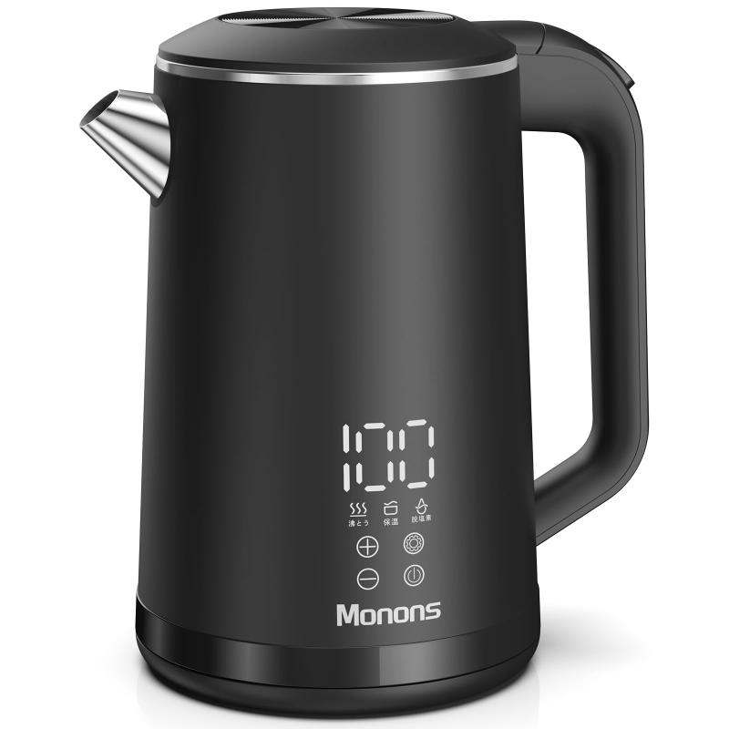 モノンズ(Monons)【電気ケトル 1.6L・ 99%塩素除去】電気ポット 1100W 急速沸騰 触れても熱くない二重構造 デジタルディスプレイ＆タッチ操作 温度調節 304ステンレス製 電気 ケトル 脱塩素機能/