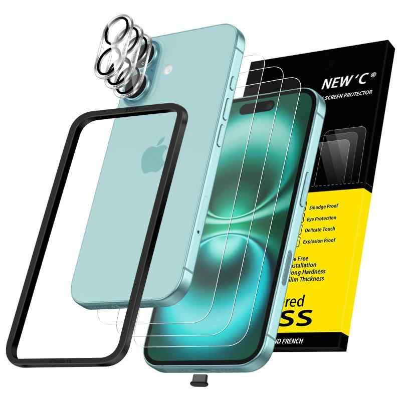 Rakuten - NEW'C iPhone 16 用ガラスフィルム x 3、カメラ保護用カメラ強化ガラス x 3、傷防止、気泡なし、非常に耐久性に硬度 9H ガラス - 簡単取り付けツール付き (かんたんとりつけツールつき)