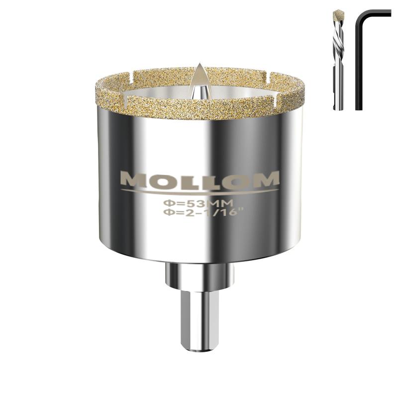 MOLLOM 2-1/16" (53mm) ダイヤモンドホールソー パイロットドリルビット2本付き【寸法】ダイヤモンドホールソーの切削直径： 53mm | 2-1/16"；シャンク径：10mm｜3/8インチ；ホールソーの深さ：40mm｜1-9/16インチ【高品質素材】ドリルビットは高品質のダイヤモンド粒子でろう付けされており、粒子が均一に分布しているため、速く滑らかな穴あけが可能で、長寿命を実現します【簡単に始められる】各ホールソーには2本の取り外し可能なパイロットビット付き：1本のダイヤモンドチップ付きパイロットビット、1本のセンターパイロットビット。特別なガイドツールは不要です【幅広い用途】このダイヤモンドホールソーは、標準的なドリルに対応する3/8インチシャンクに適合します。磁器タイル、ガラス、セラミック、大理石、御影石、軽石材、ファイバーグラスなどに最適です。金属には使用できません【使い方】1. 位置決めのためにパイロットドリルを取り付けます。2. パイロットドリルを外し、軽い回転で穴あけを続けます。3. 滑らかな内部の穴が開きます。注意：穴あけ中は水または冷却液を加えて、穴の品質を確保しホールソーの寿命を延ばしてください【注意】カット後は、ホールソー内部の切りくずを速やかに除去することが不可欠です。もし2つの切りくずが重なると、ホールソーが詰まって取り出せなくなります