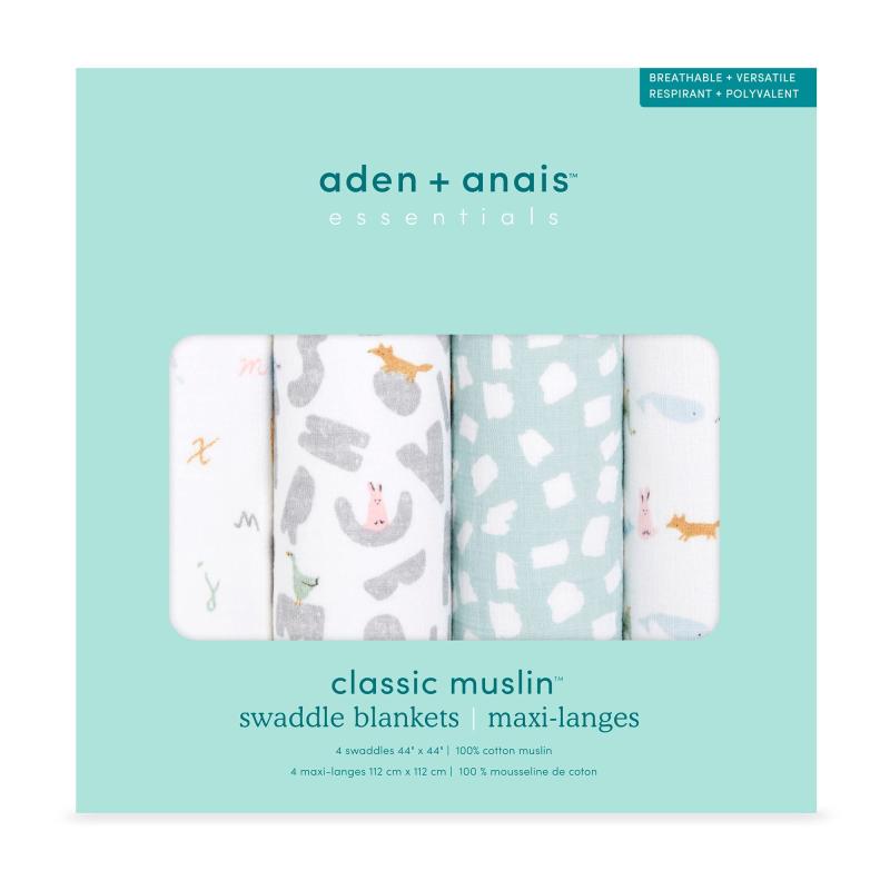 aden + anais essentials(エイデンアンドアネイエッセンシャルズ) 【日本正規品】おくるみ スワドル 4本入り ベビー 新生児 夜泣き対策 alphabet animals ESWC40022B