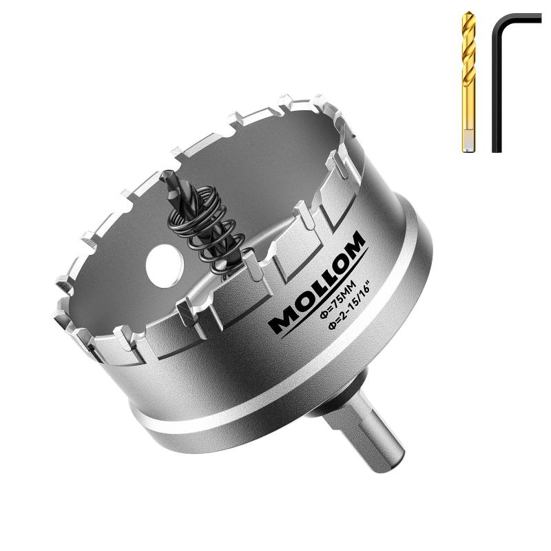 Rakuten - Mollom (2-15/16インチ | 75mm) 高耐久超硬ホールソー、パイロットドリルビット2個、ホールカッターはステンレス鋼、軟鋼、鉄、銅、真鍮、プラスチックをカットします