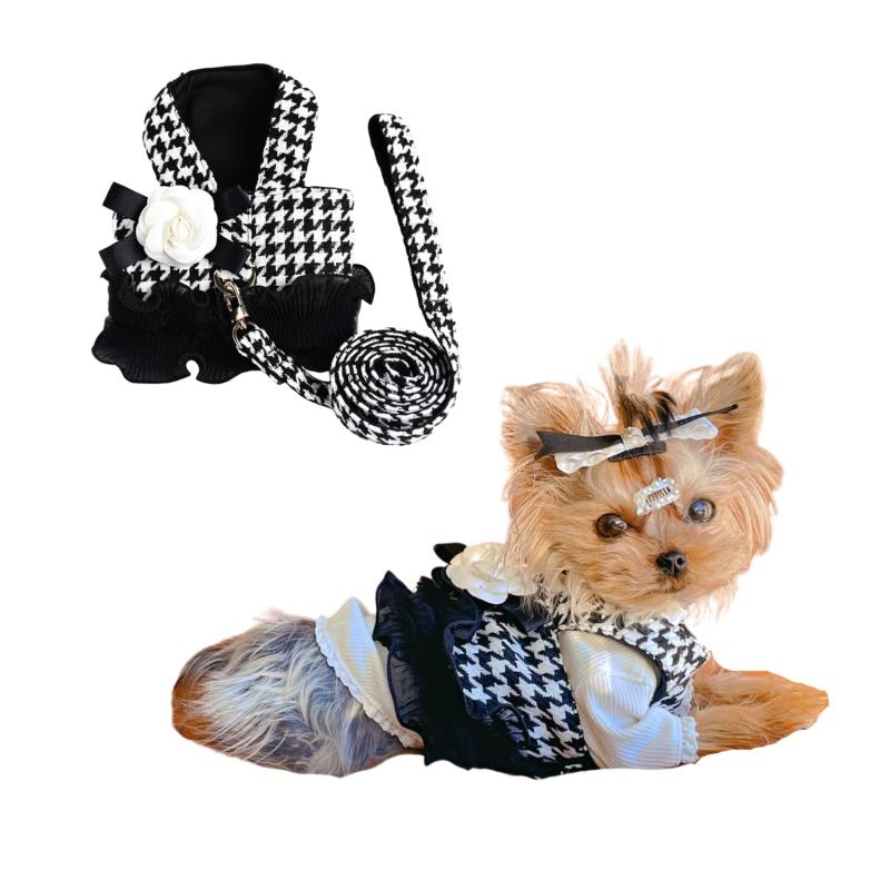 MEIAOJIA 犬 ハーネス リードセット 猫用ハーネス 千鳥格子 おしゃれ ワンピース ペット 可愛い ベスト 小型犬 スカート 調節可能 リード付き