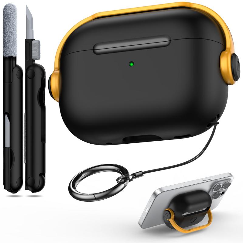 樂天商城 - R-fun Airpods Pro 3用ケース（セキュアロック＆クリーニングキット付き）、Airpods Pro 3対応 ミュージックヘッドセット イヤホン保護ケースカバー、ブラック/イエロー