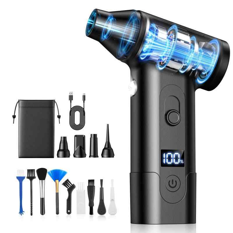 【】LeavDust エアダスター 電動ブロワー ブロアー 小型 300000RMP高速回転 5種類ノズル 100段階風量 LEDライト搭載 9種類ブラシ Type-C充電 最大180分連続使用 コードレス エアダスター