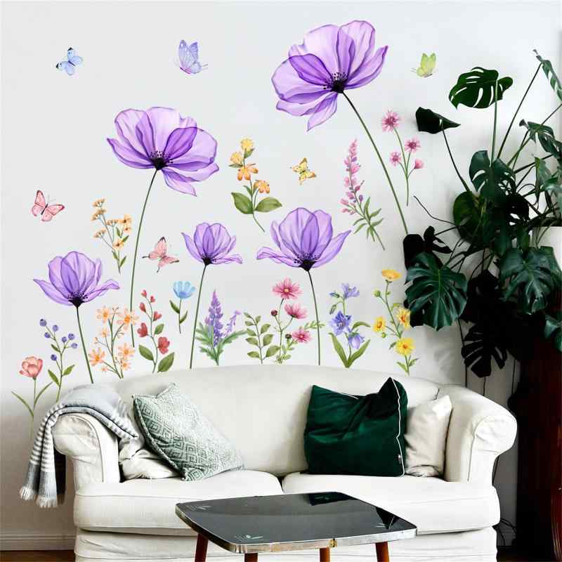 Rakuten - SMAOSTORE(また) ウォールステッカー 紫の花 蝶 植物 フラワー おしゃれ リビングルーム 寝室 部屋 小さな野草 ステッカー 背景の壁 植物 防水 はがせる ウォールシール 壁紙シール