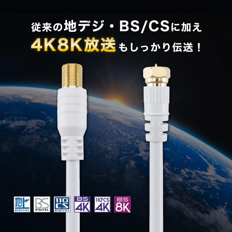 ホーリック アンテナ延長ケーブル テレビ用 1m 【4K8K放送(3224MHz)/BS/CS/地デジ/CATV 対応】 ホワイト F型接栓メス/ネジ式コネクタ ACF10-669WH