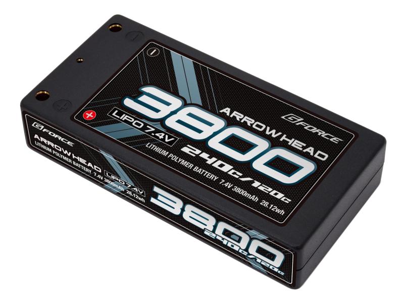 ジーフォース Arrow Head Lipo 7.4V 3800mAh 120C/240C RCカー用LiPoバッテリー GFG016 日本正規品・ショートサイズバッテリーに新時代を告げる超大出力・図太い出力特性でジャンルを問わない扱いやすさを実現・レスポンスに直結する大電流をあらゆる速度域で体感・安定した出力を約束する、厳選されたセルを採用・厚さの違う2種類をラインナップ。プラグは4mmバナナタイプ