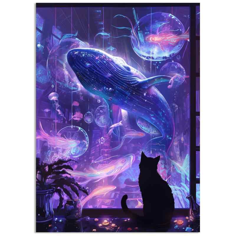 Fokenzary 数字でペイント DIY 大人向けのぬり絵キットクジラ黒猫油絵 キャンバス 初心者用 ブラシとアクリル絵具付き フレームなし (40x50cm)