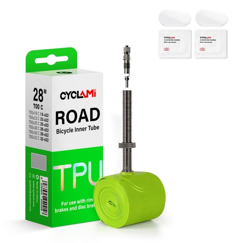 CYCLAMI 1本 TPUチューブ 700C 28インチ 取り外し可能なバルブコア 自転車用チューブ 38g 超軽量 ロードバイク 700x18-32C対応 高耐久性 金属フランス 仏式バルブ長 60mm -修理キット 語取扱説明書 whitehalca-10232021 White market パッケージ画像
