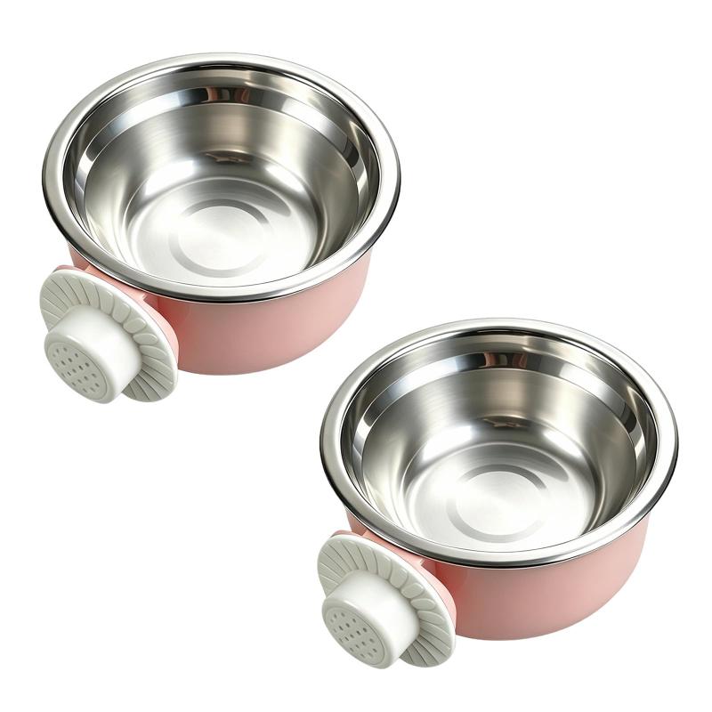 ペットぶら下げボウル ペットボウル ハンガー ゲージ用 ペット食器 餌入れ 固定 猫 犬 うさぎ 小動物用 食器 (2個-M-ピンク)
