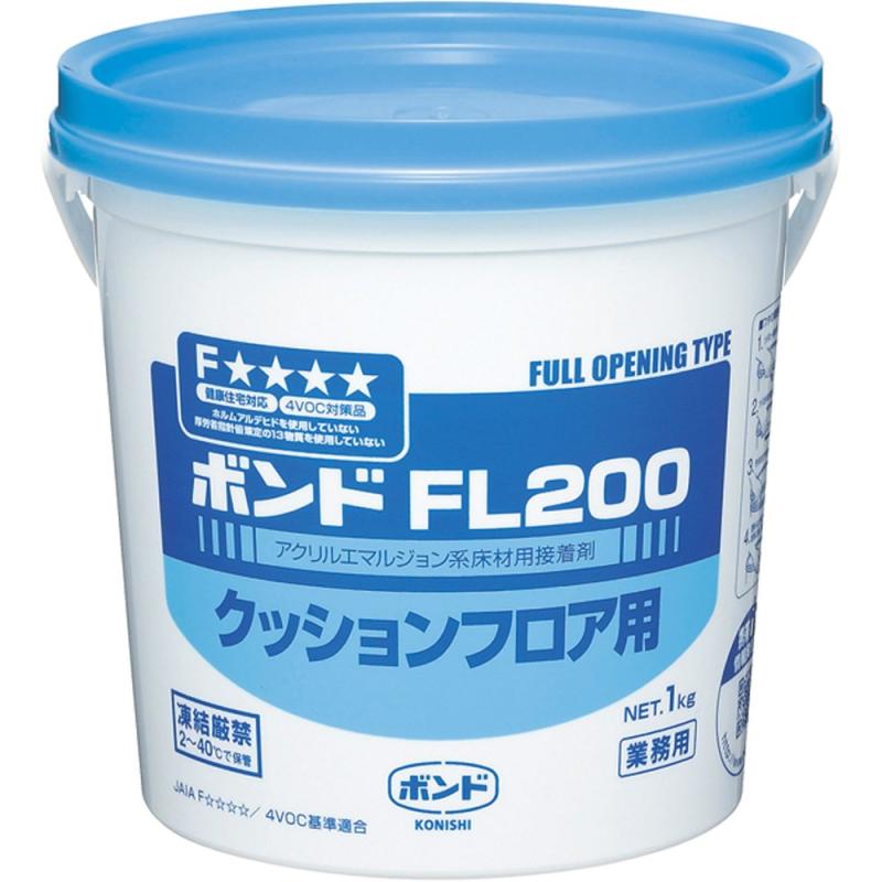 ボンド FL200 1kg #40427個装形態:ポリ缶性状:アクリル樹脂系エマルジョン形標準使用量(塗布量):200~300g/平方メートル健康住宅対応、水性、引火性無、初期粘着大、塗布性良好クッションフロア全般、長尺塩ビ系床材、カーペット全般の接着に。