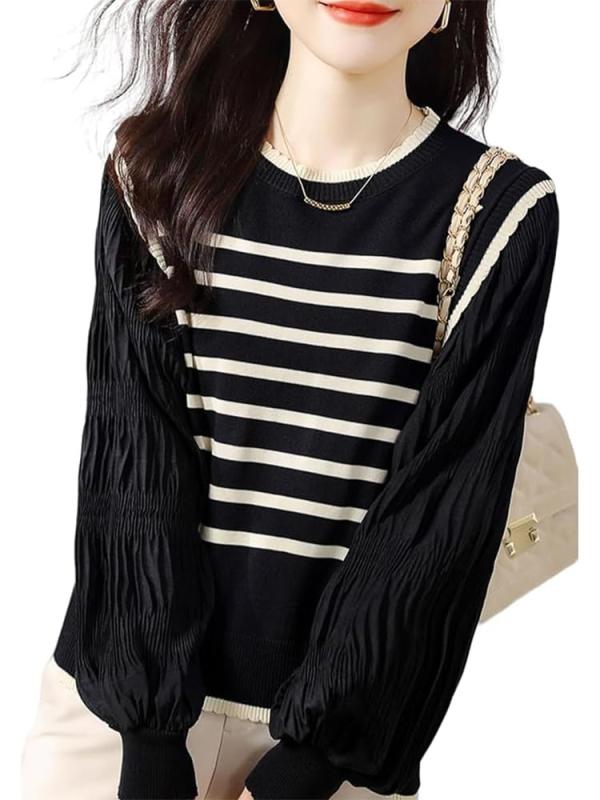 WOFOSY セーター レディース ニット 切り替え カットソー 丸首 長袖 春 秋 薄手 プルオーバー パフスリーブ 体型カバー ボーダー ゆったり 通勤 カジュアル SY250