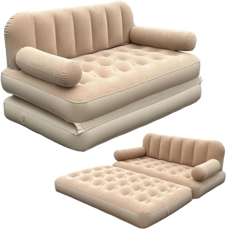 エアーソファー インフレータブル ソファベッド（空気入れ付）｜ソファ／ベッド2WAY 折りたたみ収納｜フロック加工PVC 二重バルブで簡単空気注入｜耐荷重約300kg 室内・アウトドア対応