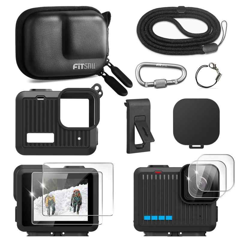 FiTSTILL PUミニキャリングケース＆シリコンスリーブラバー保護ケース Go Pro Hero 4K 2024用、バッテリーサイドカバー交換用、レンズキャップ、ストラップ、スクリーンプロテクターHero4Kアクシ