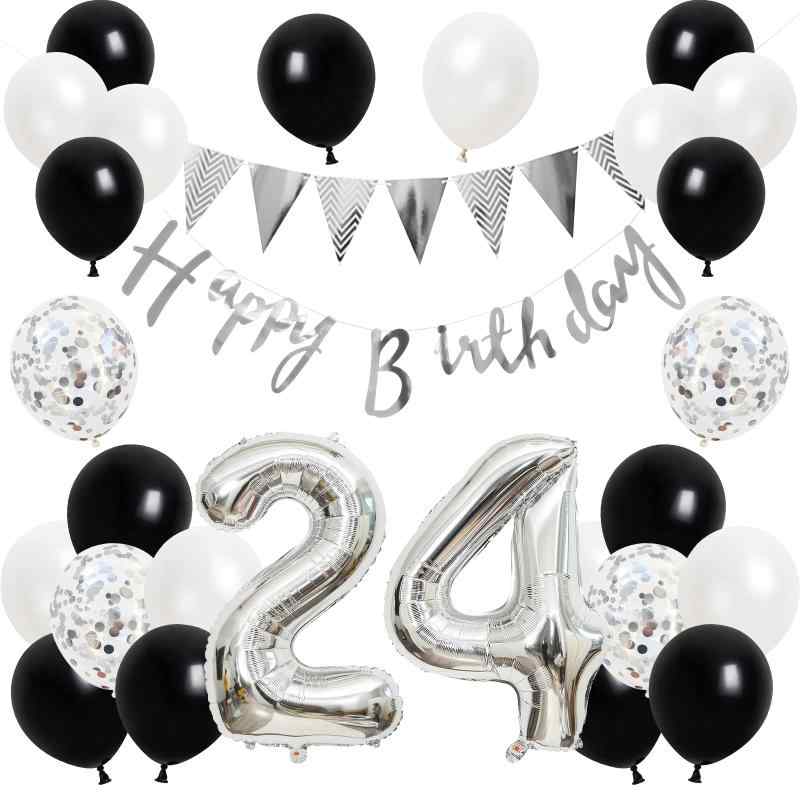 誕生日 バルーン 風船セット 飾り付け 24歳 happy birthday ガーランド バースデー 飾り ハッピーバースデー 男の子 黒 銀