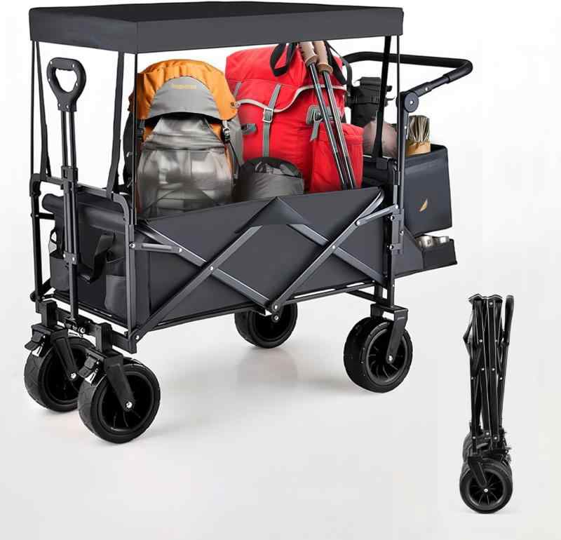 NODIBRO 屋根付き キャリーワゴン プッシュ・プル両用ハンドル 屋外キャンプ車両 折りたたみ式全地形ガーデン車両 伸縮式調整可能プルロッド 静音設計 180L大容量 225kg耐荷重 ワイドタイヤ キ