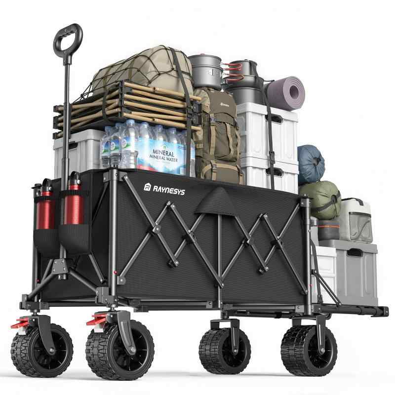 乐天商城 - キャリーワゴン Raynesys アウトドアワゴン 大容量150L~220L 耐荷重200kg 後部展開可 長物対応 折り畳み式キャンプカート 自立収納 静音キャンプ/砂浜/釣り/引越し/買い物/ゴミ出し Black