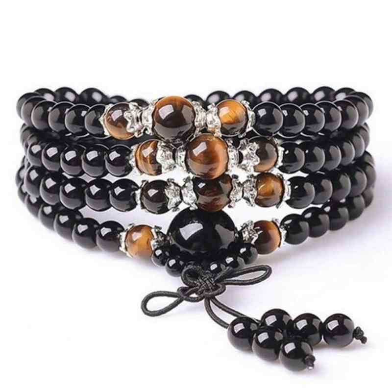 [イスイ] オブシディアン 黒曜石 108珠 タイガーアイ 佛珠 ビーズ ブレスレット 祈り数珠 6mm 四連数珠 メンズ レディース