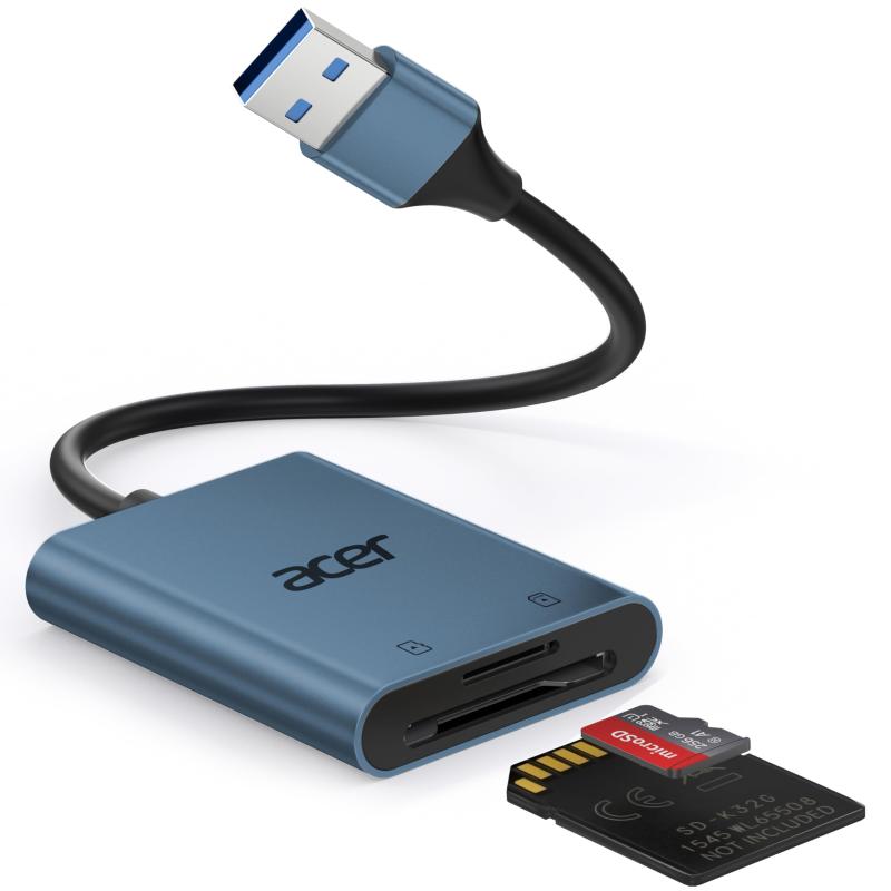 Acer USB 3.0 SDカードリーダー【アルミ筐体】マイクロSDカードリーダー SDXC SDHC RS-MMS TF対応 高速転送 OTG対応超高速データ転送 - USB 3.0ポートを搭載したAcer SD カードリーダー USBは、最大5Gbpsの高速転送に対応し、USB 2.0の約10倍の速度でデータを転送できます。1GBのファイルも数秒で転送可能です。USB 2.0/1.1との下位互換性あり。【本製品はUSB-A接続のSDカードリーダーです。スマートフォン・タブレットには対応していません。】同時読み書き対応 - 2枚のカードを同時にアクセス・転送でき、カードを入れ替える手間が不要です。セキュリティカメラやドライブレコーダーの映像確認にも便利で、PCやデスクトップに接続するだけで即使用できます。省スペース設計 - 本メモリーカードアダプターは15cmの柔軟なケーブルを採用し、ノートPCの狭いUSBポート周りでも接続しやすい設計です。コンパクトで耐久性の高い金属合金ボディにより、放熱性に優れ、大容量データ転送時でも安定したパフォーマンスを実現します。幅広い互換性 - USB-Aポート搭載のPCおよびノートPCに幅広く対応し、OTG機能にも対応。MacBook Pro（2015以前）/ MacBook Air（2017以前）/ Acer Aspire 3・5・Swift 3 / ThinkPad T14 Gen 3/4 / Dell Latitude 5000・7000シリーズ / HP EliteBook 800・1000シリーズなどに対応。【スマートフォン・タブレットには対応していません。】カスタマーサポート - Acerでは品質とお客様満足を重視しています。本USB 3.0 SDカードアダプターには12ヶ月のサポートを提供しております。対応機器や使用方法に関するご質問がございましたら、サポートチームが丁寧にご案内いたします。