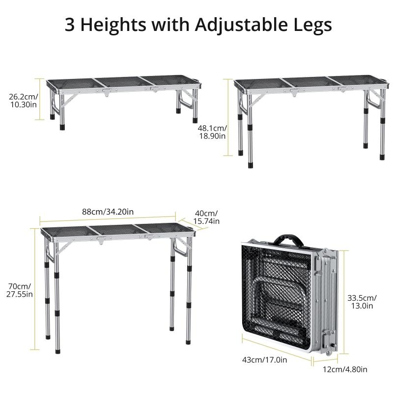 Anbte キャンプ テーブル 折りたたみ式 メッシュ天板(シルバー, 88cmx40cmx70cm)