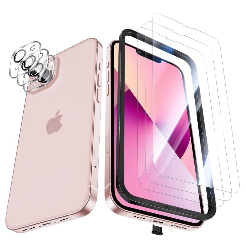 乐天商城 - NEW'C iPhone 15 用ガラスフィルム x 3、カメラ保護用カメラ強化ガラス x 3、傷防止、気泡なし、非常に耐久性に、硬度 9H ガラス - 簡単取り付けツール付き (かんたんとりつけツールつき)