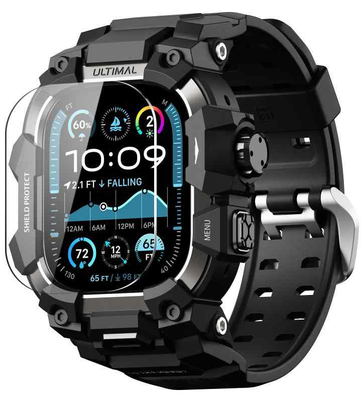 乐天商城 - ULTIMAL に対応 Apple Watch Ultra 3/Ultra 2/Ultra（49mm）用 バンド一体型保護ケース 強化ガラスフィルム付き TPU 耐衝撃 高耐久 簡単装着 通気性 アウトドア/スポーツ向け ブラック